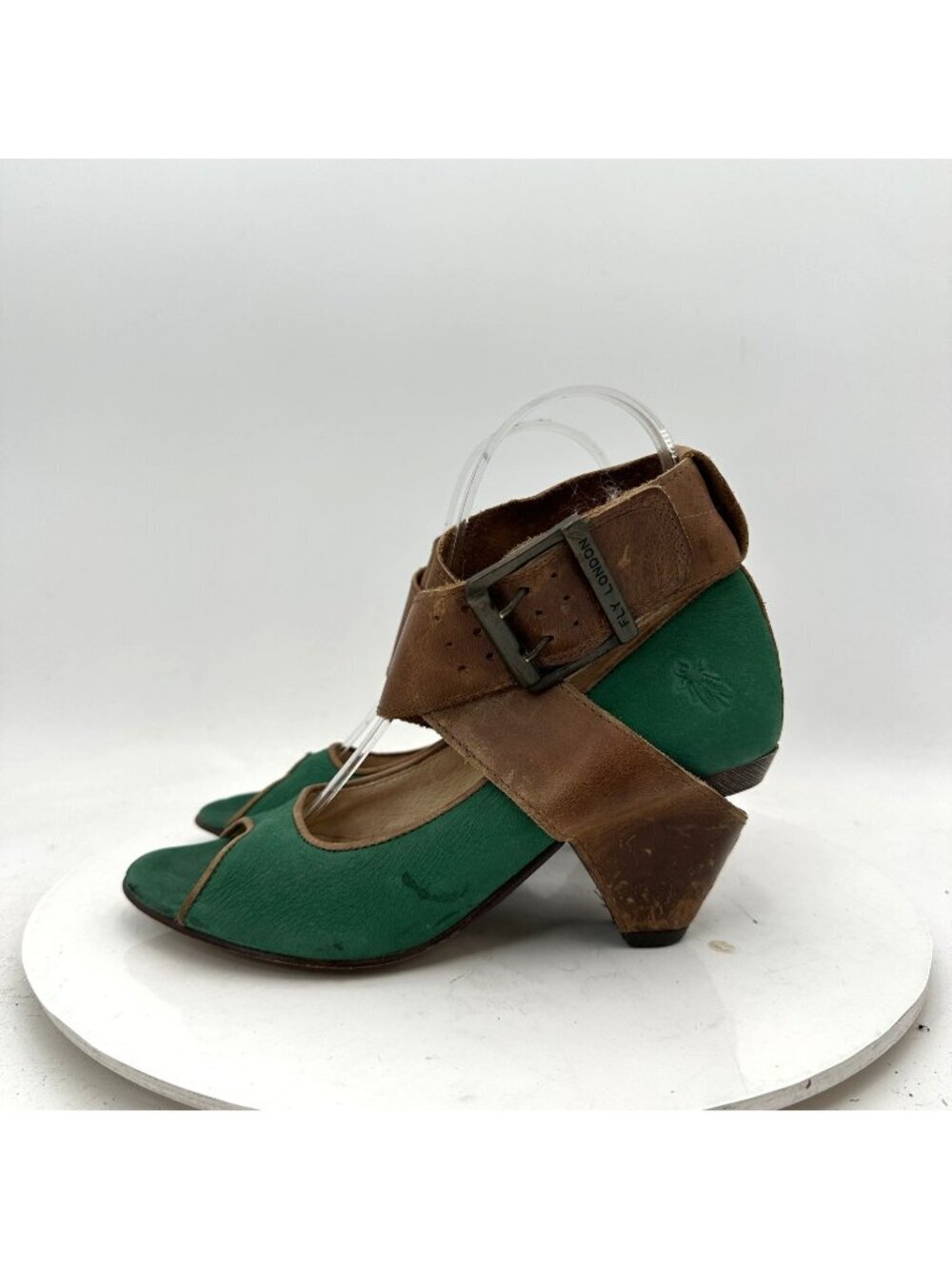 Fly London Women Size EU 37 US 7 Black Brown Green Leather Buckle Heel Shoes